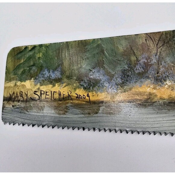 Antique Hand Painted Saw Blade Folk Art Lake River Fishing Scene by a Mill - Picture 3 of 8
